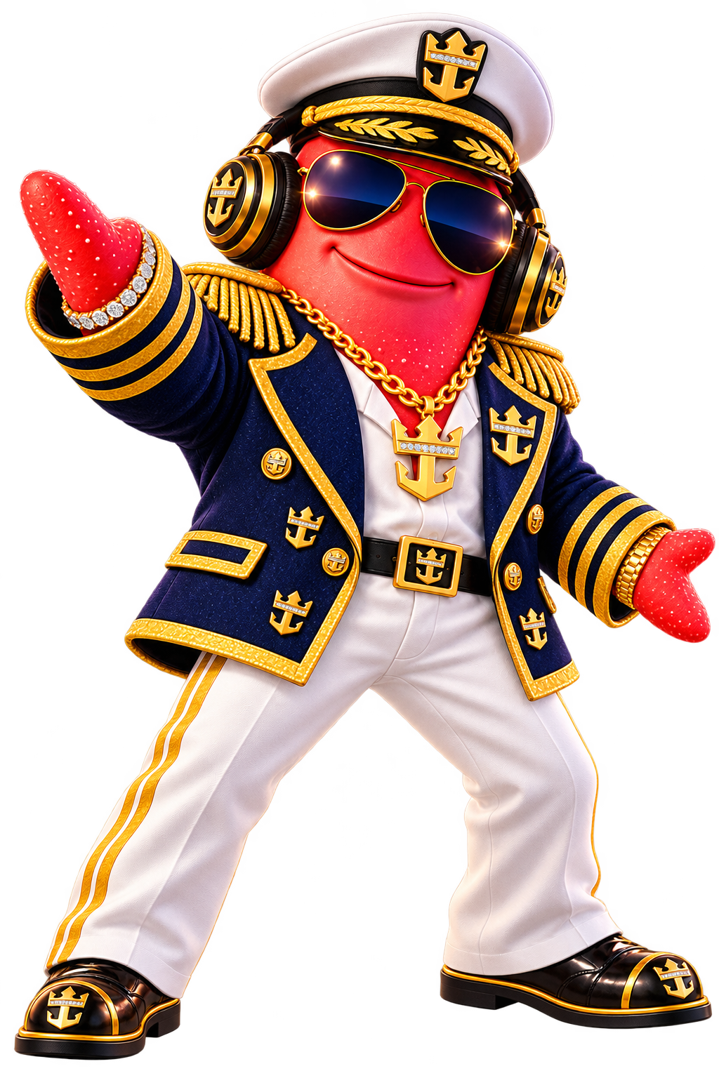 Scooter Stardust dressed for the bridge in his captain hat, navy blazer, headphones, gold Crown and Anchor emblem, gold watch, and diamond bracelet
